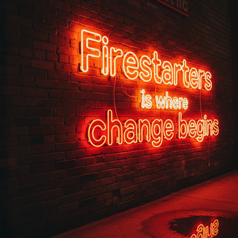 "Firestarters is where change begins" neon light